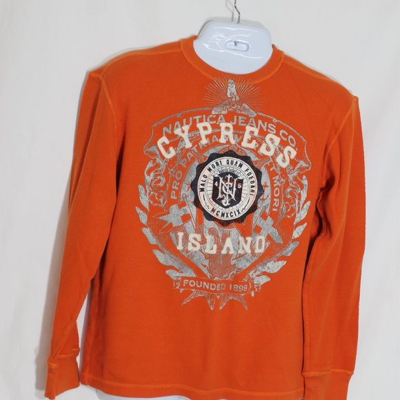 NAUTICA JEANS CO. Orange Thermal Shirt Size Large Long Sleeve Crew Neck Embossed - Picture 9 of 10